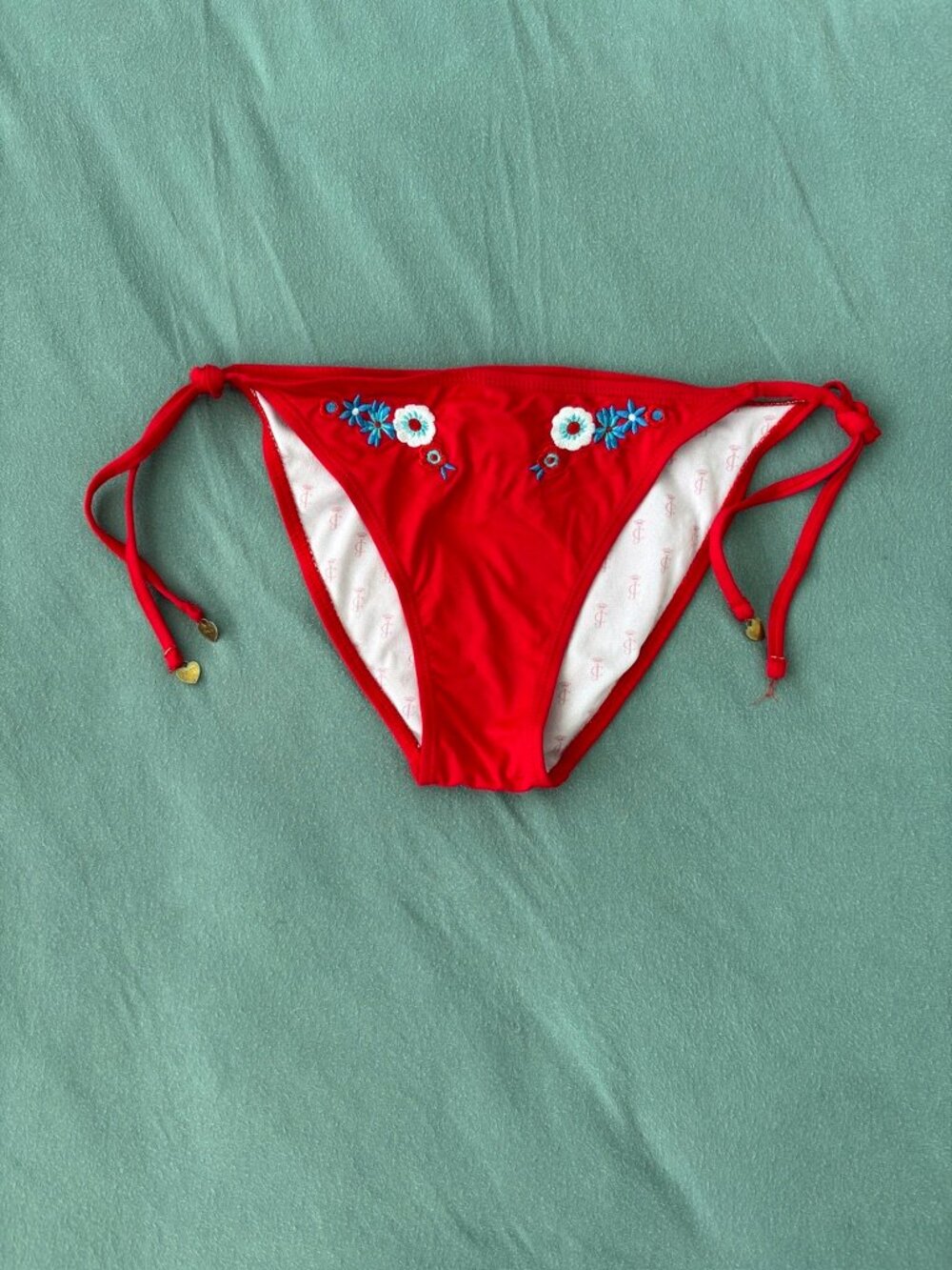 Juicy Couture Bikini Bottom Red Embroidered Floral Side Tie Swimsuit Coquette Y2